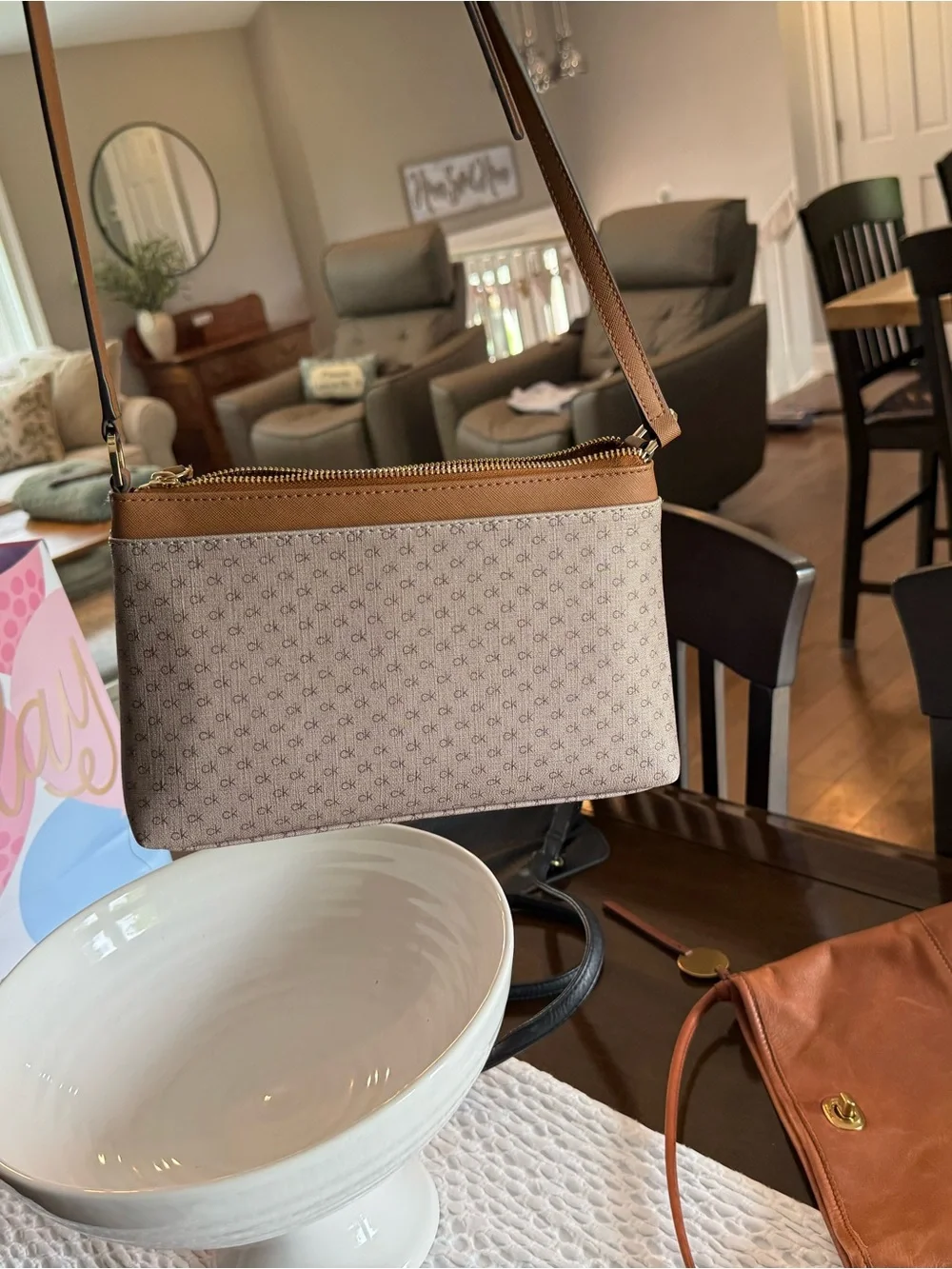 Calvin Klein Beige Monogram Crossbody with Brown Trim